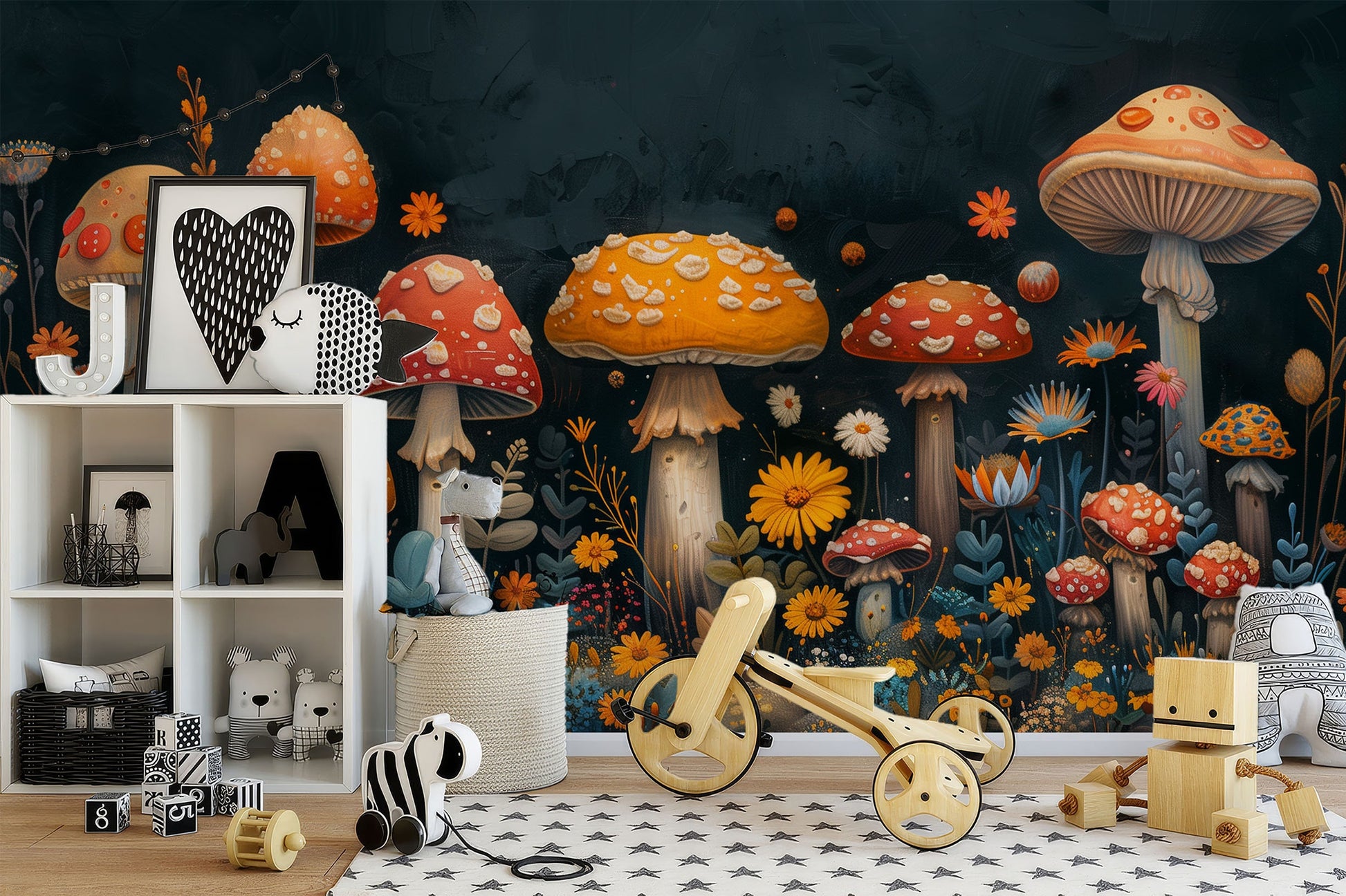 Colorful Mushroom Fantasy Easy Floral Wallpaper – detail view, Golden Era Walls