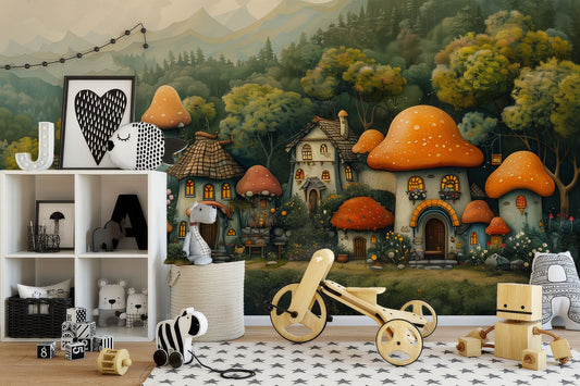 Colorful Cartoon Mushroom Town Floral Wallpaper – lifestyle view, Golden Era Walls