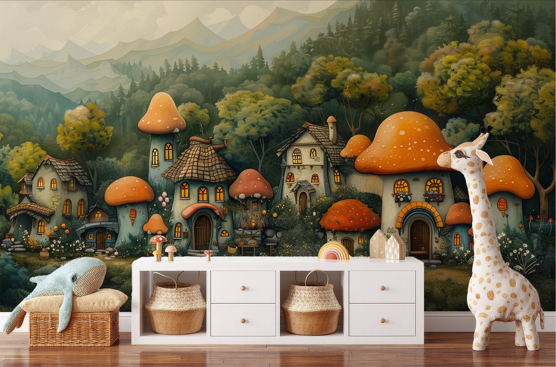 Colorful Cartoon Mushroom Town Floral Wallpaper – peel and stick wallpaper mural, Golden Era Walls