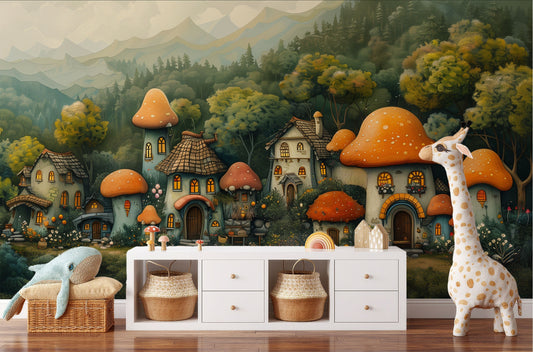 Colorful Cartoon Mushroom Town Floral Wallpaper – peel and stick wallpaper mural, Golden Era Walls