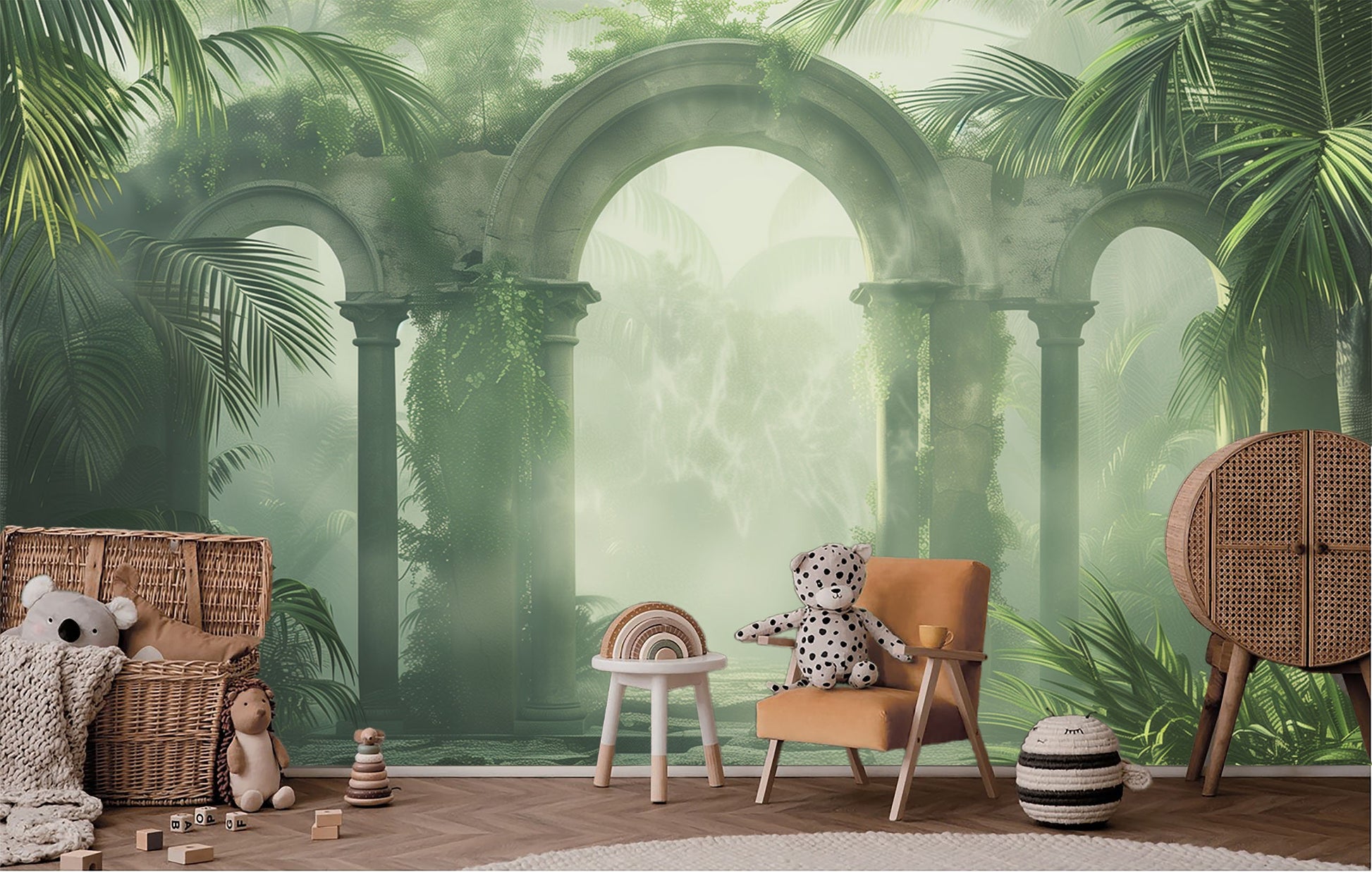 Ancient Roman Gothic Arches Tropical Wallpaper – lifestyle view, Golden Era Walls