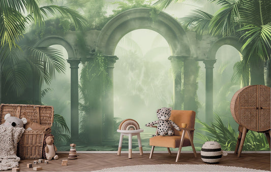 Ancient Roman Gothic Arches Tropical Wallpaper – lifestyle view, Golden Era Walls