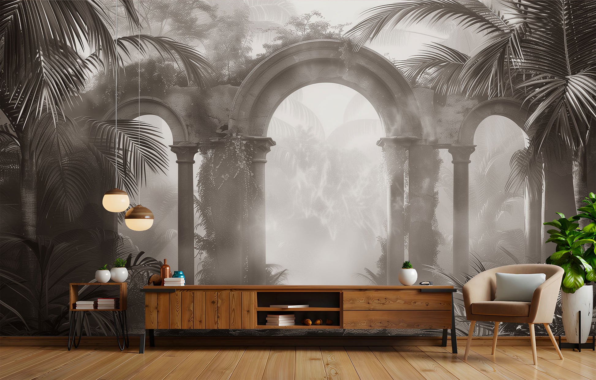 Ancient Roman Gothic Arches Tropical Wallpaper – alternate view, Golden Era Walls