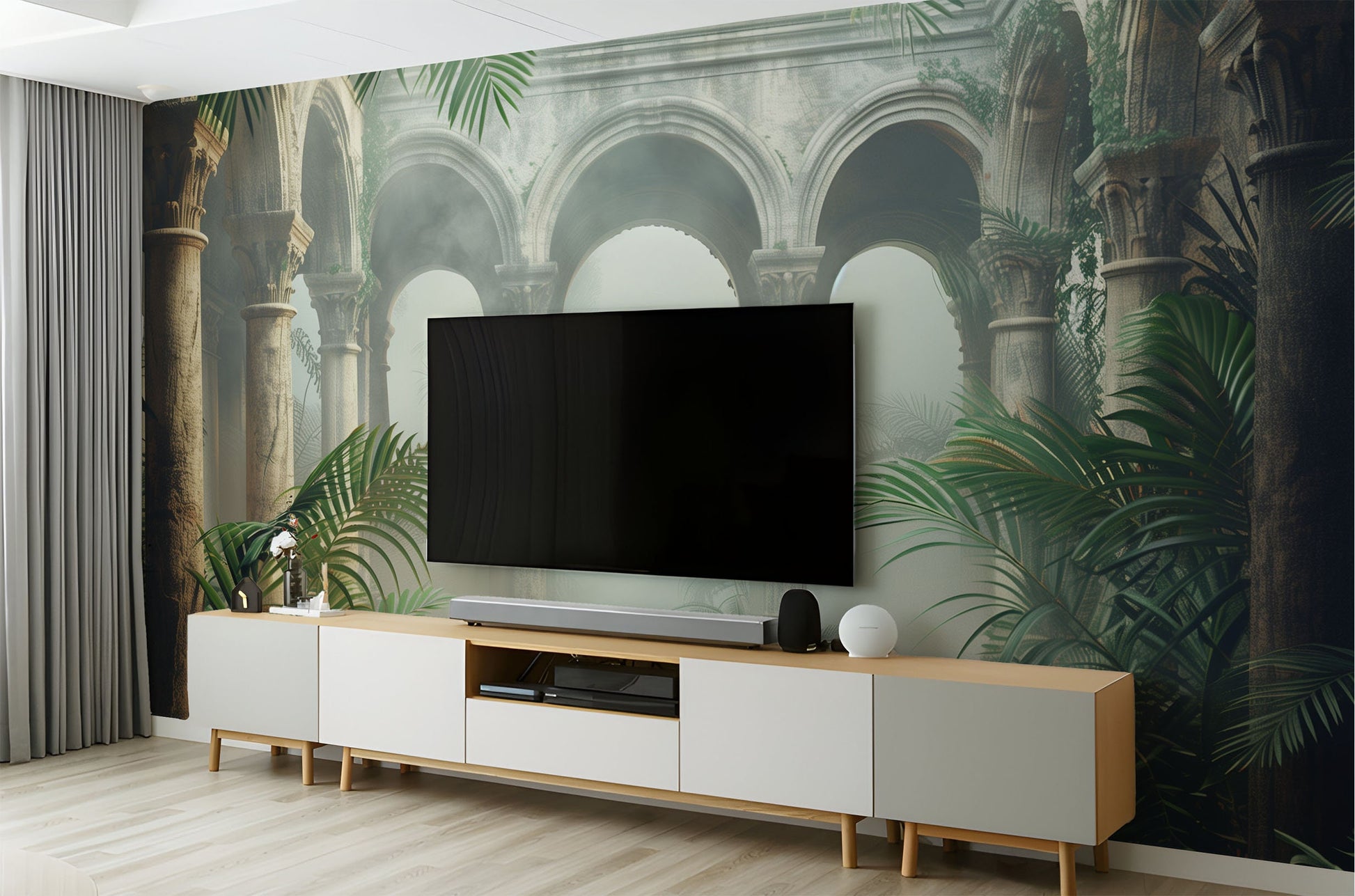 Dreamy Foggy Arches Non Tropical Wallpaper – lifestyle view, Golden Era Walls
