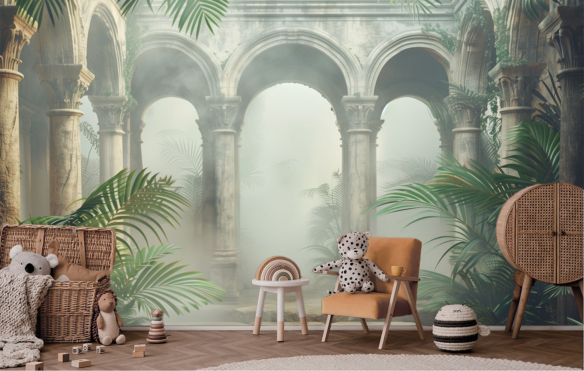 Dreamy Foggy Arches Non Tropical Wallpaper – detail view, Golden Era Walls