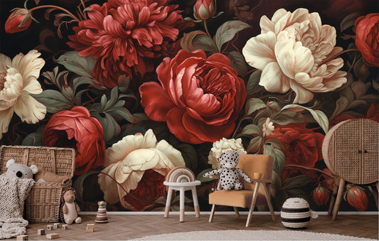 Rich Floral Deep Ruby Floral Wallpaper – lifestyle view, Golden Era Walls