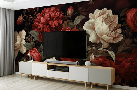 Rich Floral Deep Ruby Floral Wallpaper – room setting, Golden Era Walls
