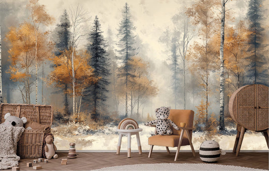 Winter Forest Abstract Premium Geometric Wallpaper – peel and stick wallpaper mural, Golden Era Walls