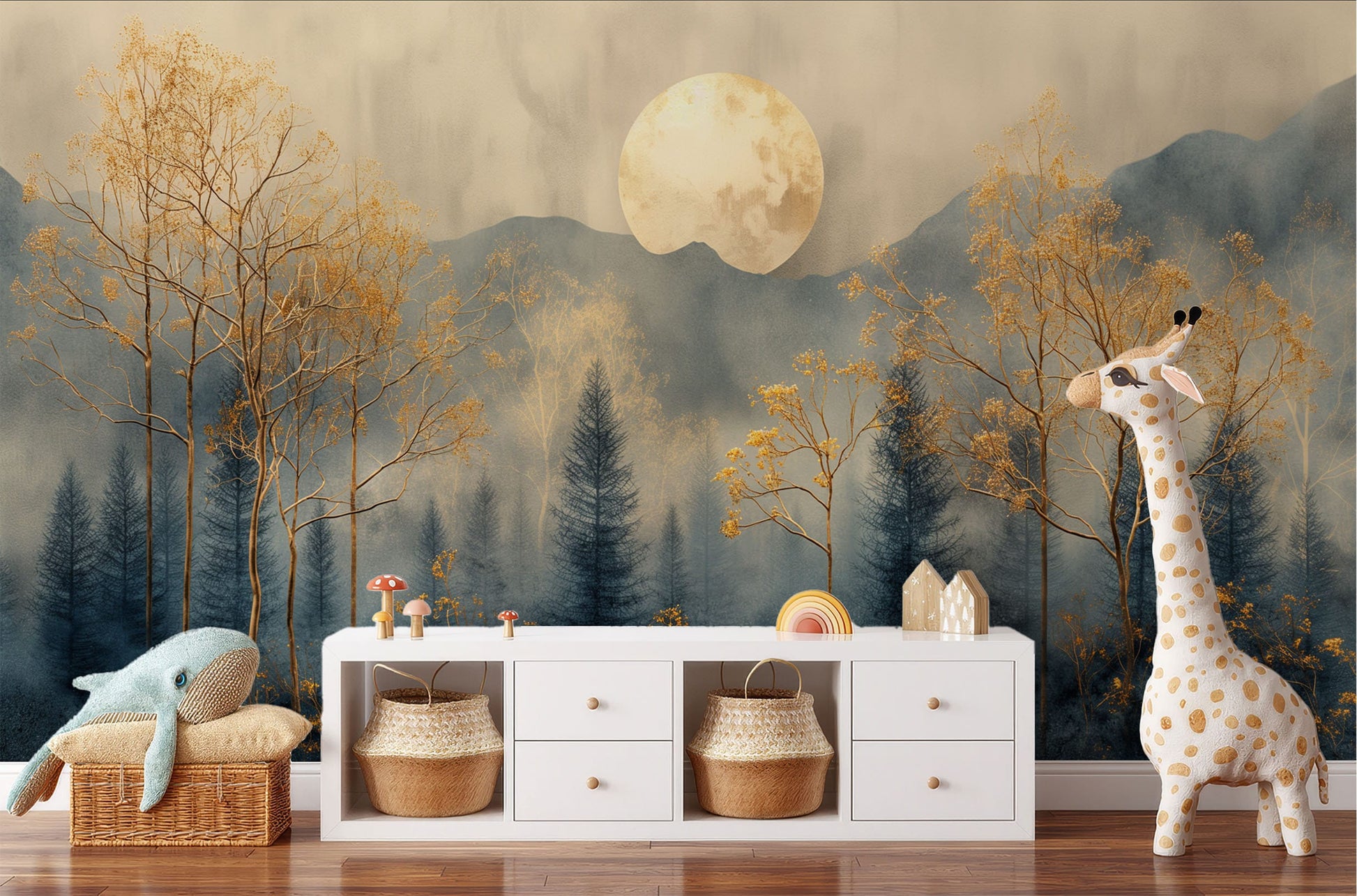 High Quality Winter Trees Geometric Wallpaper – room setting, Golden Era Walls