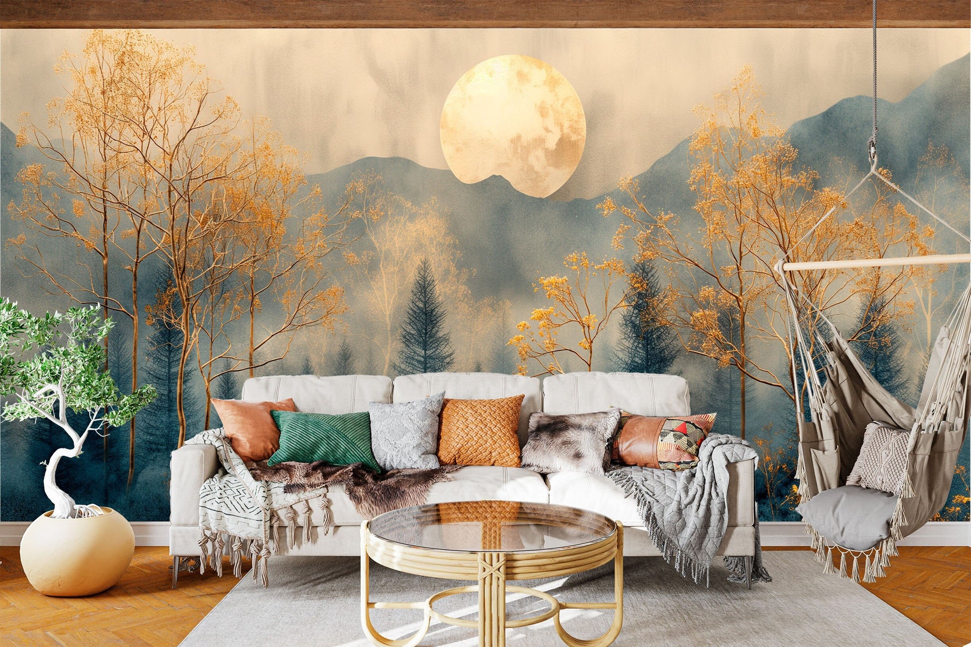 High Quality Winter Trees Geometric Wallpaper – peel and stick wallpaper mural, Golden Era Walls
