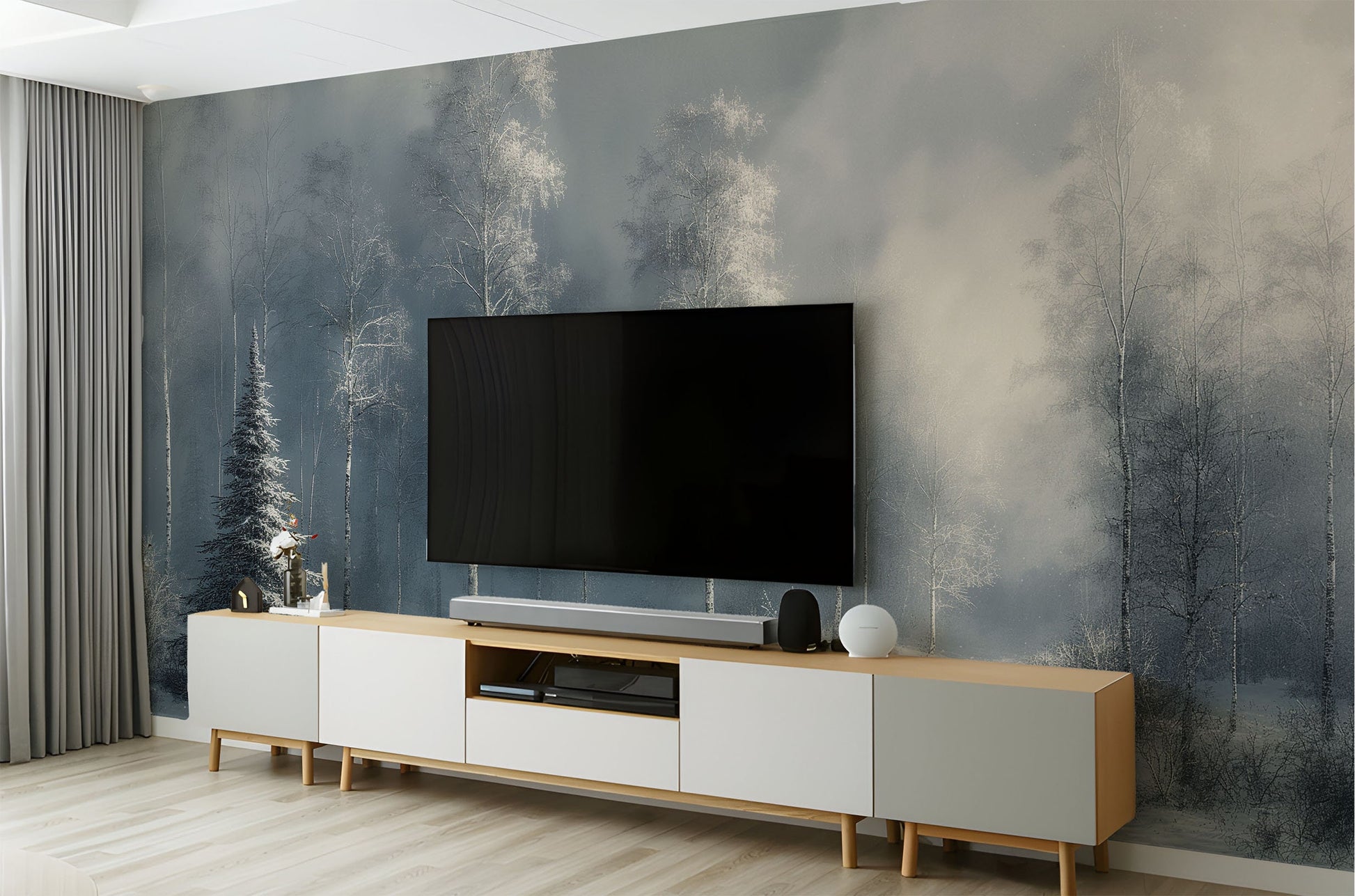 Frosty Pine Forest Serene Coastal Wallpaper – scale reference, Golden Era Walls