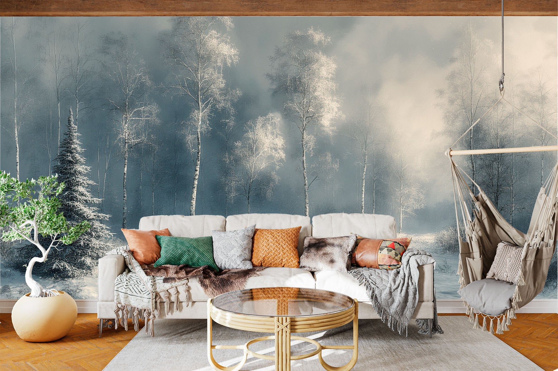 Frosty Pine Forest Serene Coastal Wallpaper – alternate view, Golden Era Walls