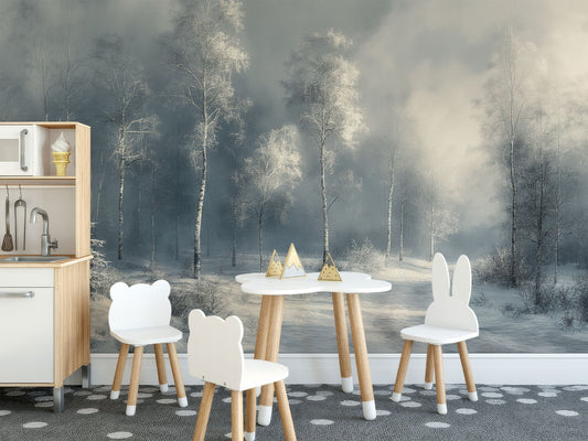 Frosty Pine Forest Serene Coastal Wallpaper – detail view, Golden Era Walls
