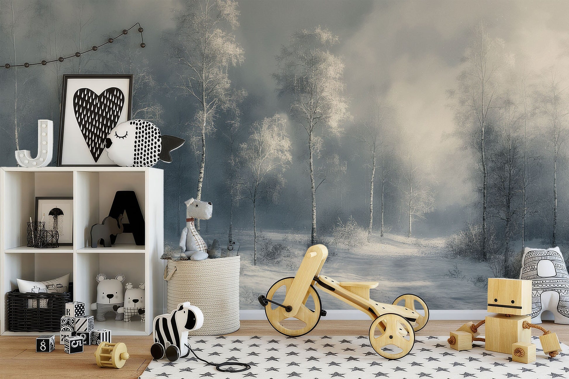 Frosty Pine Forest Serene Coastal Wallpaper – lifestyle view, Golden Era Walls