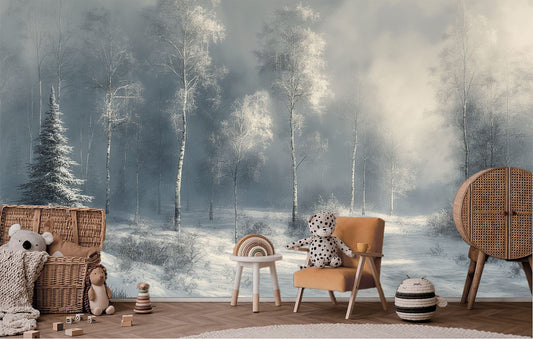 Frosty Pine Forest Serene Coastal Wallpaper – room setting, Golden Era Walls
