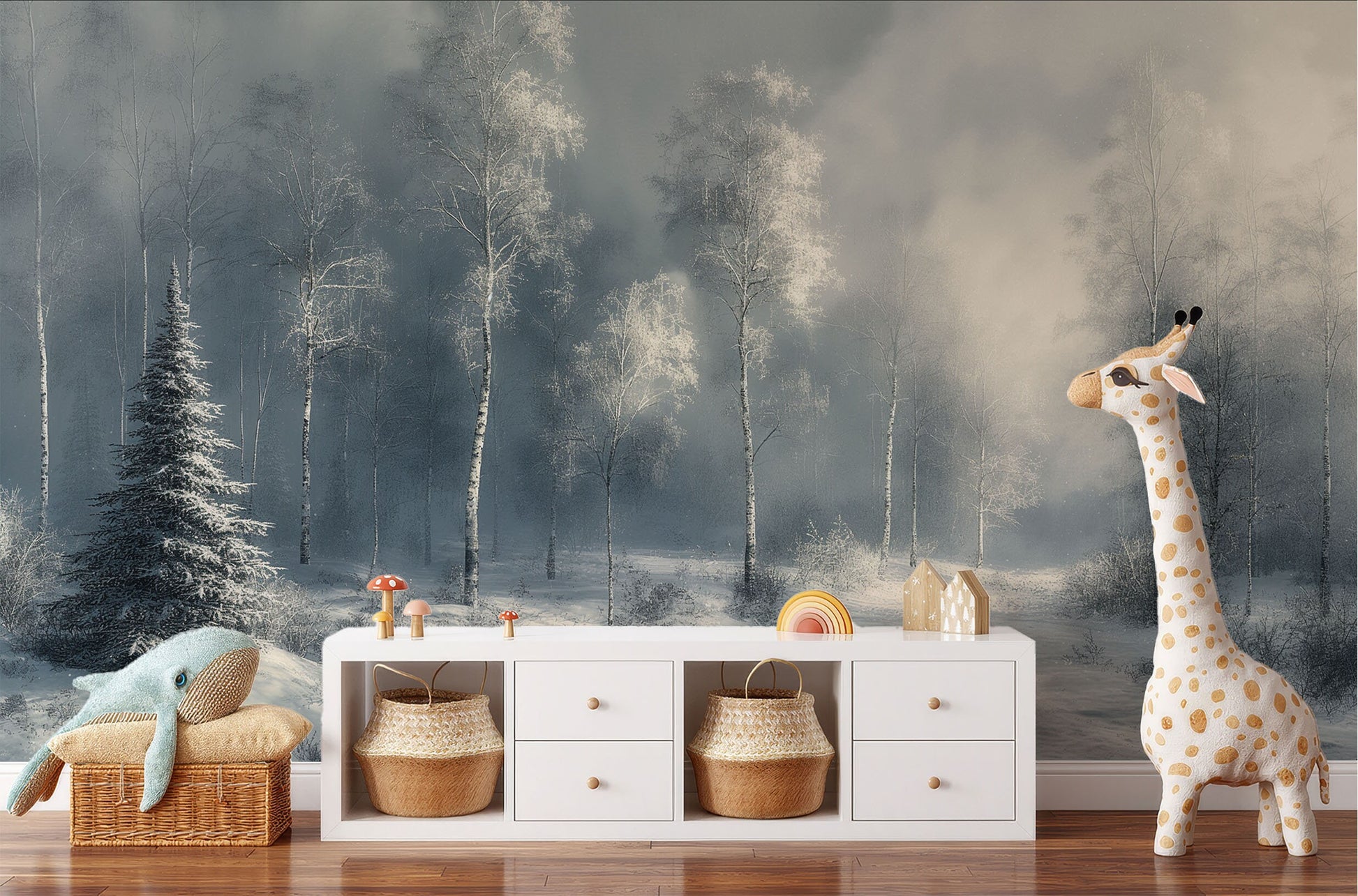 Frosty Pine Forest Serene Coastal Wallpaper – peel and stick wallpaper mural, Golden Era Walls