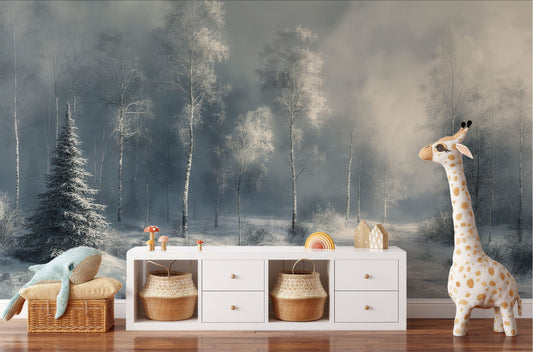Frosty Pine Forest Serene Coastal Wallpaper – peel and stick wallpaper mural, Golden Era Walls