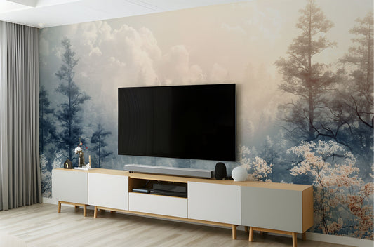 Dreamy Forest Misty Woodland Coastal Wallpaper – detail view, Golden Era Walls