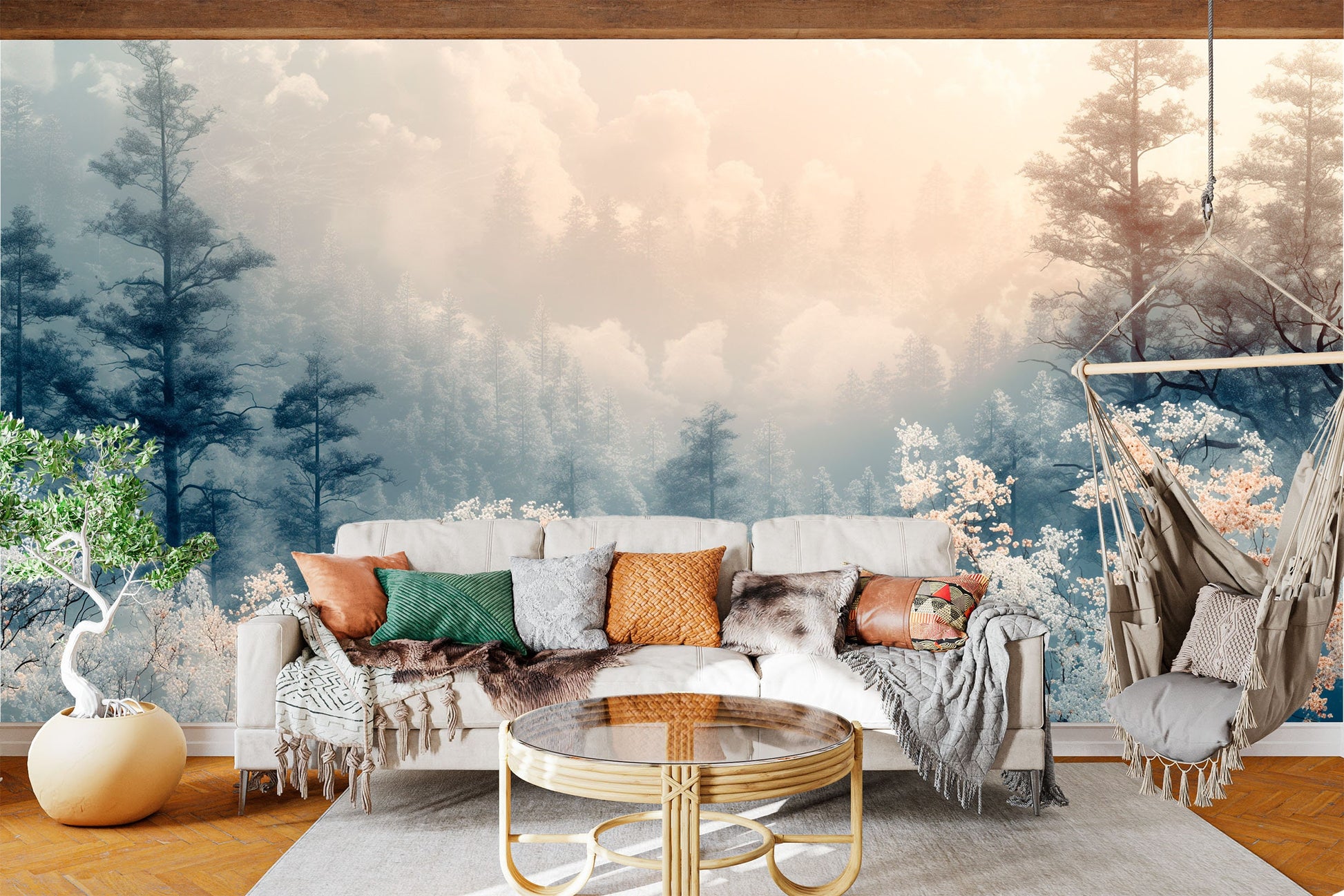 Dreamy Forest Misty Woodland Coastal Wallpaper – scale reference, Golden Era Walls