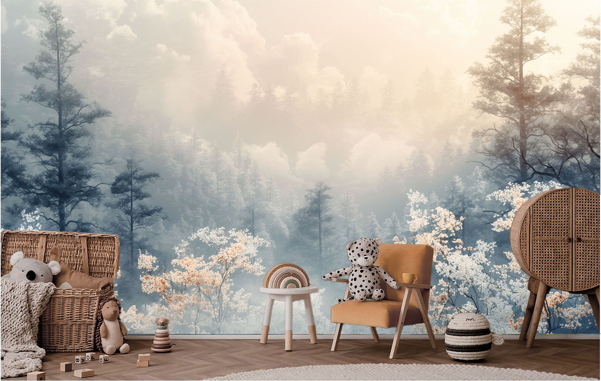 Dreamy Forest Misty Woodland Coastal Wallpaper – room setting, Golden Era Walls