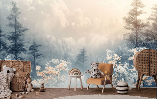 Dreamy Forest Misty Woodland Coastal Wallpaper – room setting, Golden Era Walls