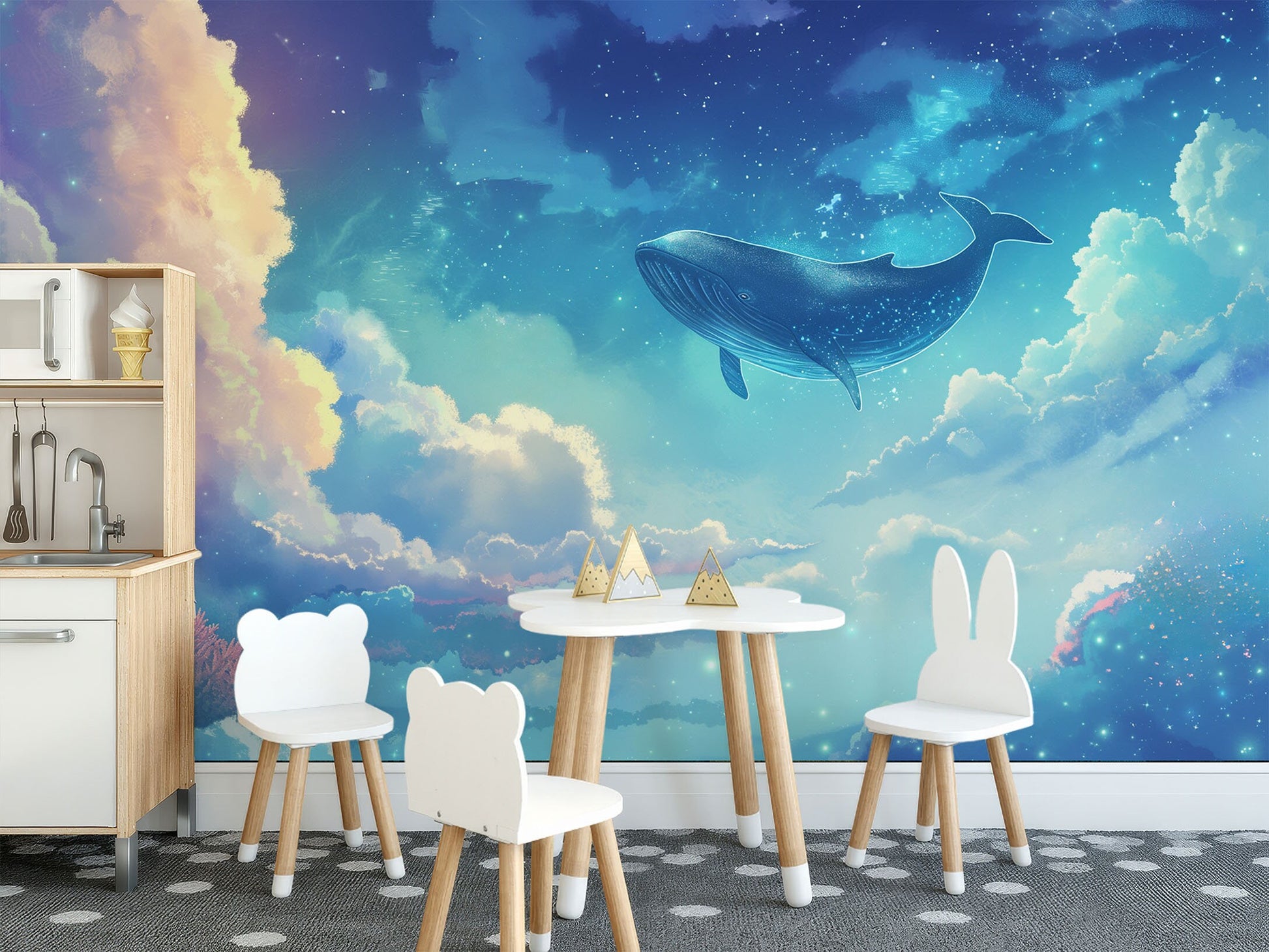 Whale Lighthouse Ocean Lovers Coastal Wallpaper – room setting, Golden Era Walls