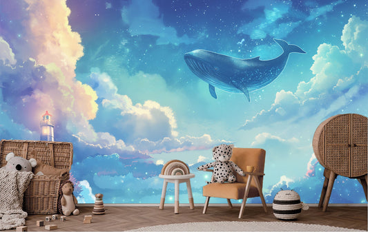 Whale Lighthouse Ocean Lovers Coastal Wallpaper – detail view, Golden Era Walls