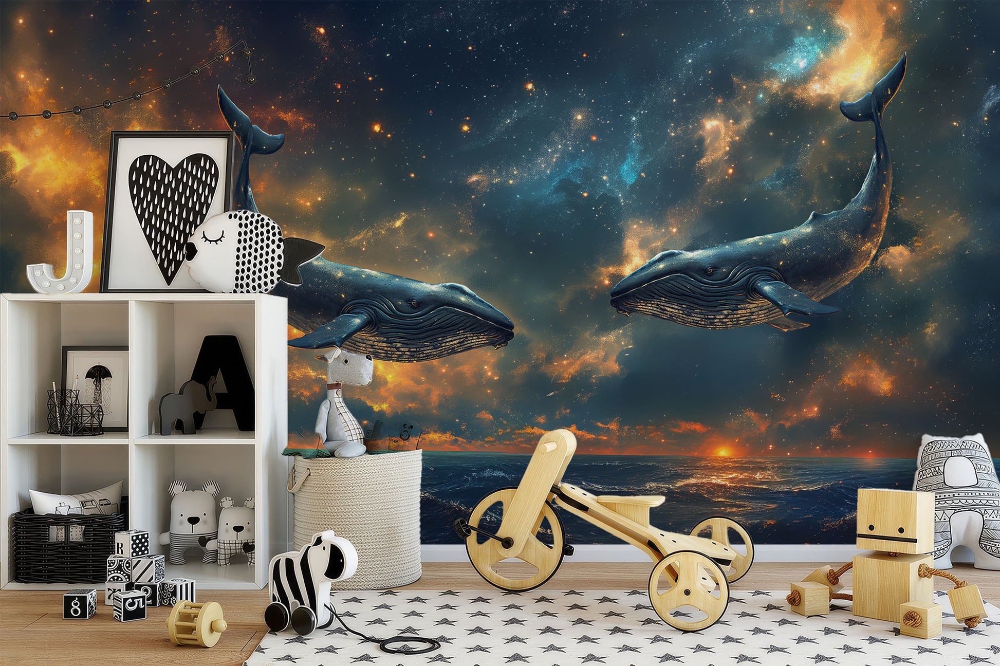 Starry Ocean Scene Whales Coastal Wallpaper – room setting, Golden Era Walls
