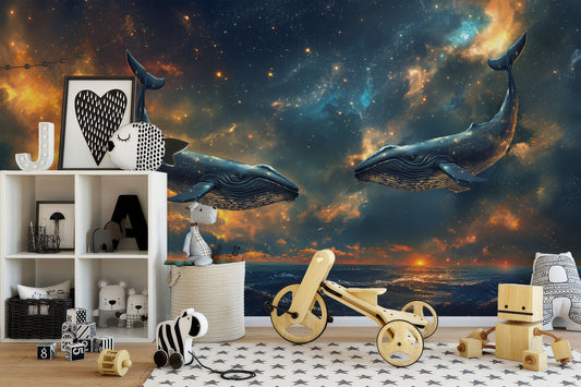 Starry Ocean Scene Whales Coastal Wallpaper – room setting, Golden Era Walls