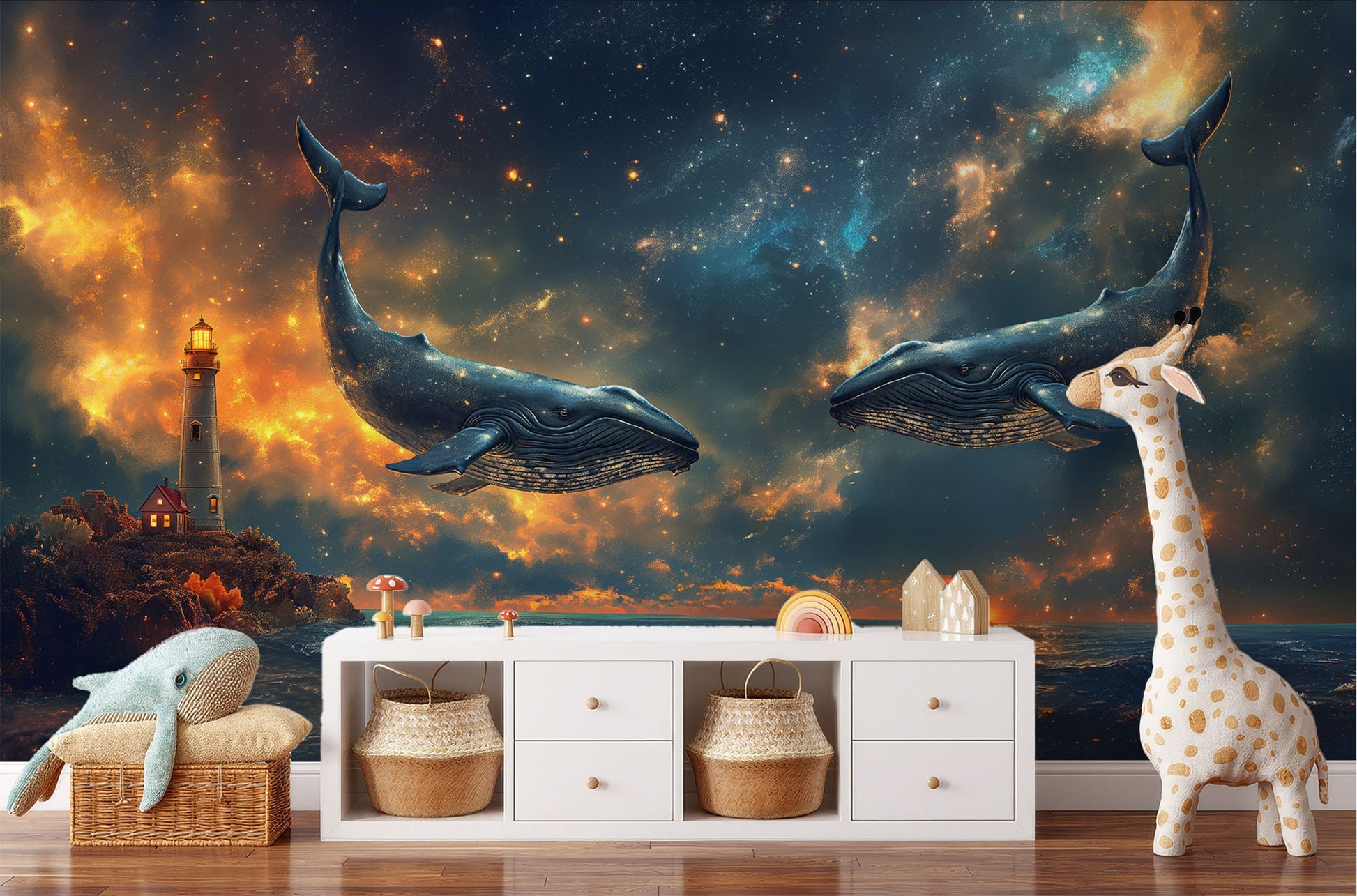 Starry Ocean Scene Whales Coastal Wallpaper – scale reference, Golden Era Walls