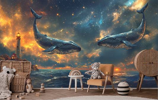 Starry Ocean Scene Whales Coastal Wallpaper – lifestyle view, Golden Era Walls