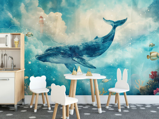 Playful Ocean Scene Creative Coastal Wallpaper – lifestyle view, Golden Era Walls