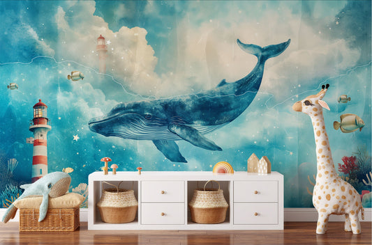 Playful Ocean Scene Creative Coastal Wallpaper – room setting, Golden Era Walls
