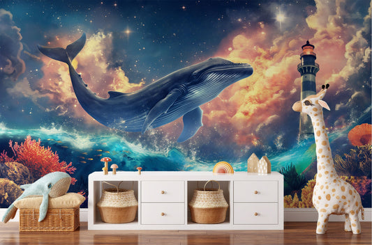 Watercolor Night Sky Whales Coastal Wallpaper – room setting, Golden Era Walls