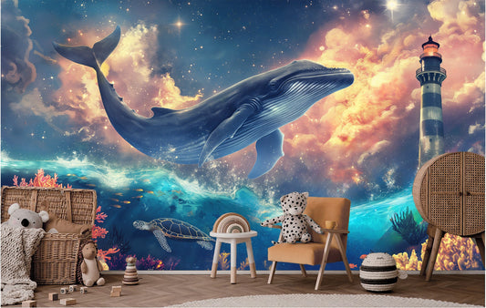 Watercolor Night Sky Whales Coastal Wallpaper – peel and stick wallpaper mural, Golden Era Walls