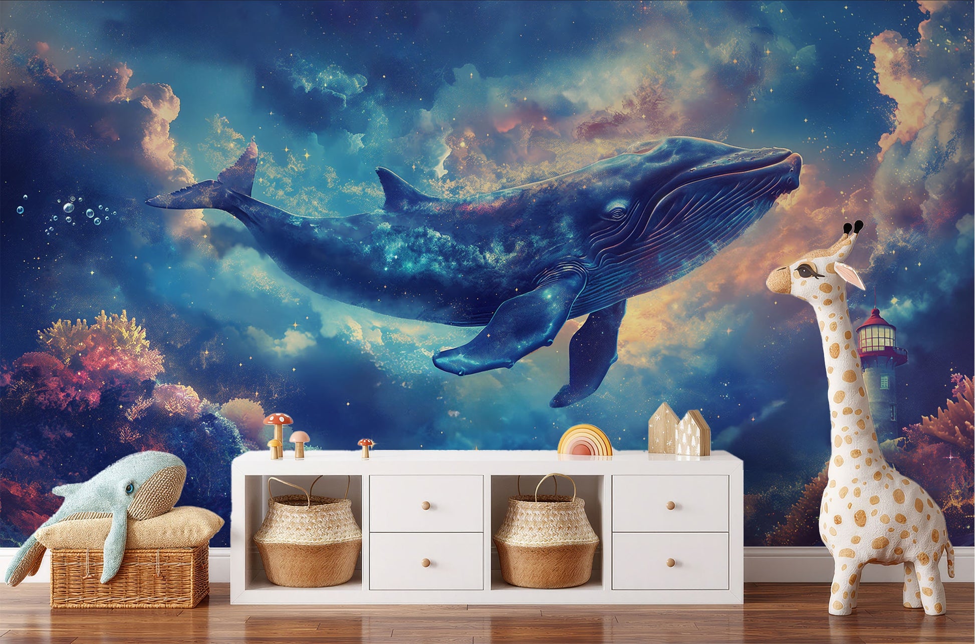 Dreamlike Whales Lighthouse Fantasy Coastal Wallpaper – peel and stick wallpaper mural, Golden Era Walls