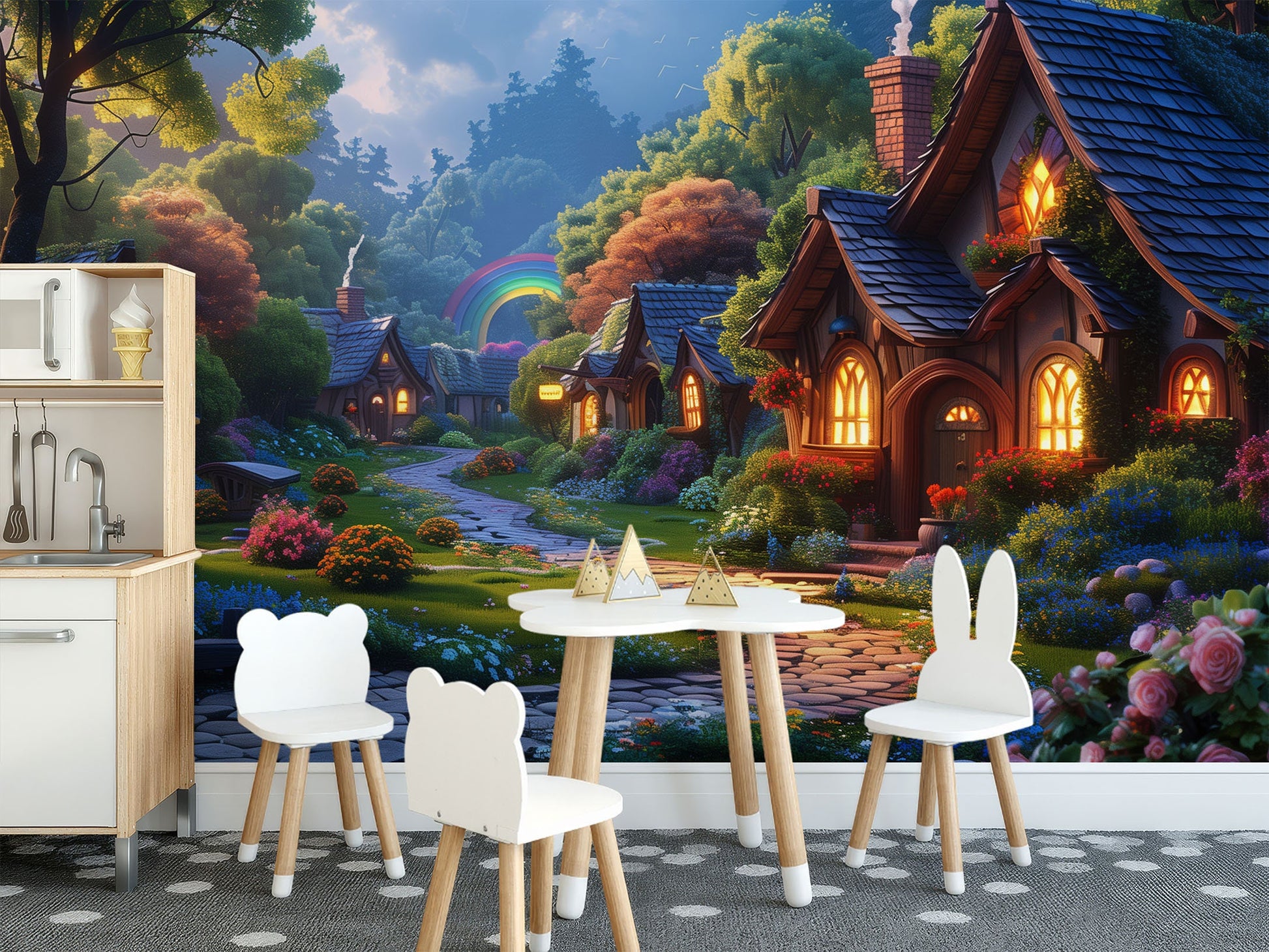 Whimsical Village Scene Non Wallpaper – detail view, Golden Era Walls