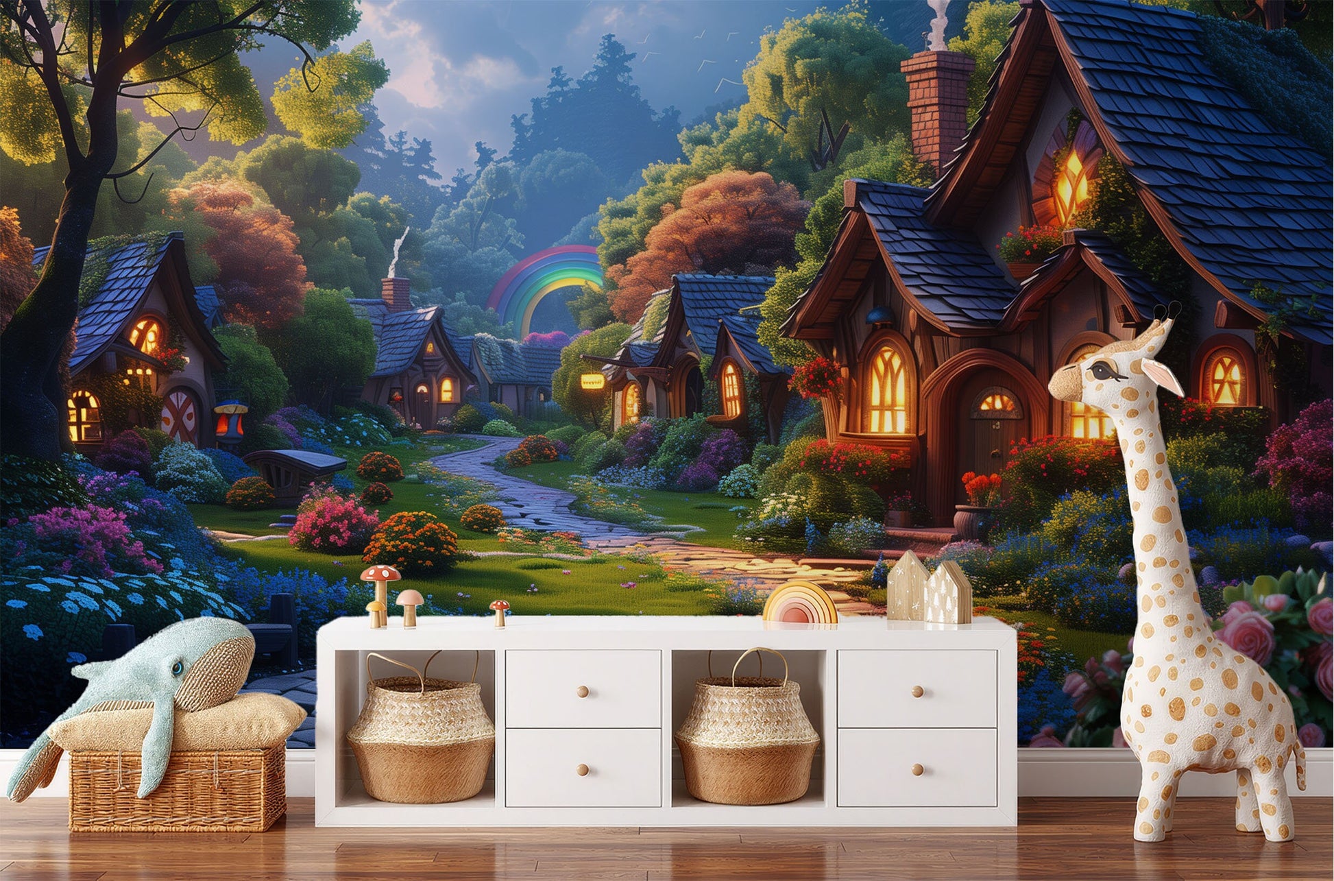 Whimsical Village Scene Non Wallpaper – room setting, Golden Era Walls