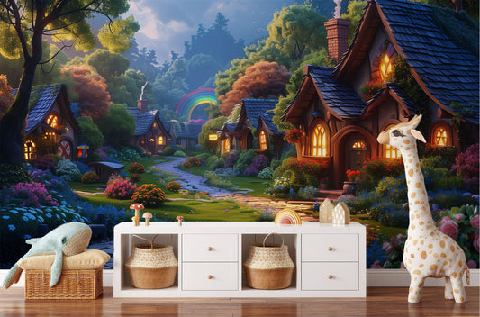 Whimsical Village Scene Non Wallpaper – room setting, Golden Era Walls