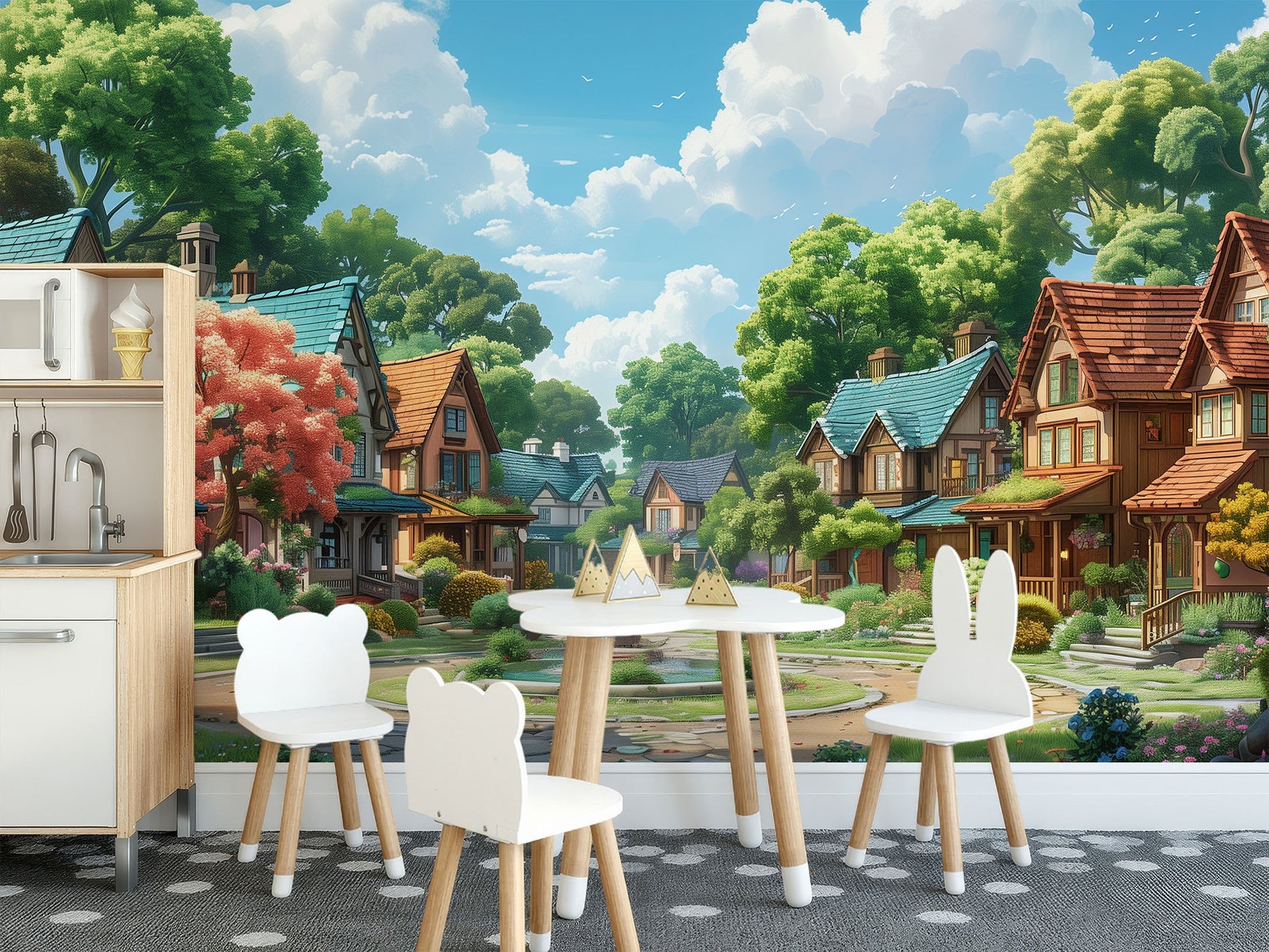 Vibrant Cartoon Neighborhood Easy Wallpaper – room setting, Golden Era Walls