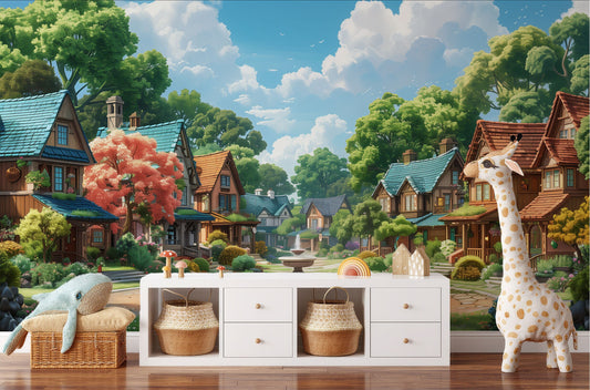 Vibrant Cartoon Neighborhood Easy Wallpaper – lifestyle view, Golden Era Walls