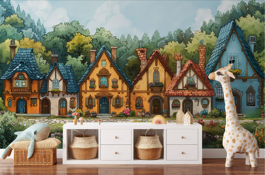 Delightful Cartoon Houses Nonwoven Wallpaper – detail view, Golden Era Walls