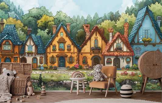 Delightful Cartoon Houses Nonwoven Wallpaper – peel and stick wallpaper mural, Golden Era Walls