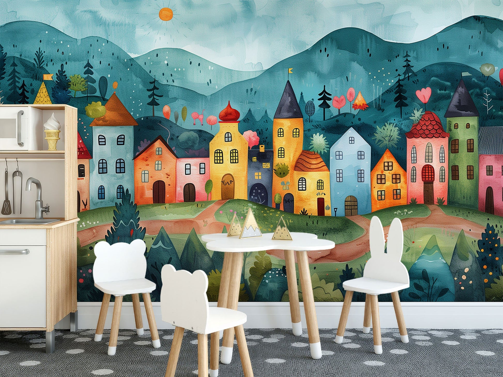 Charming Cartoon Town D Wallpaper – room setting, Golden Era Walls
