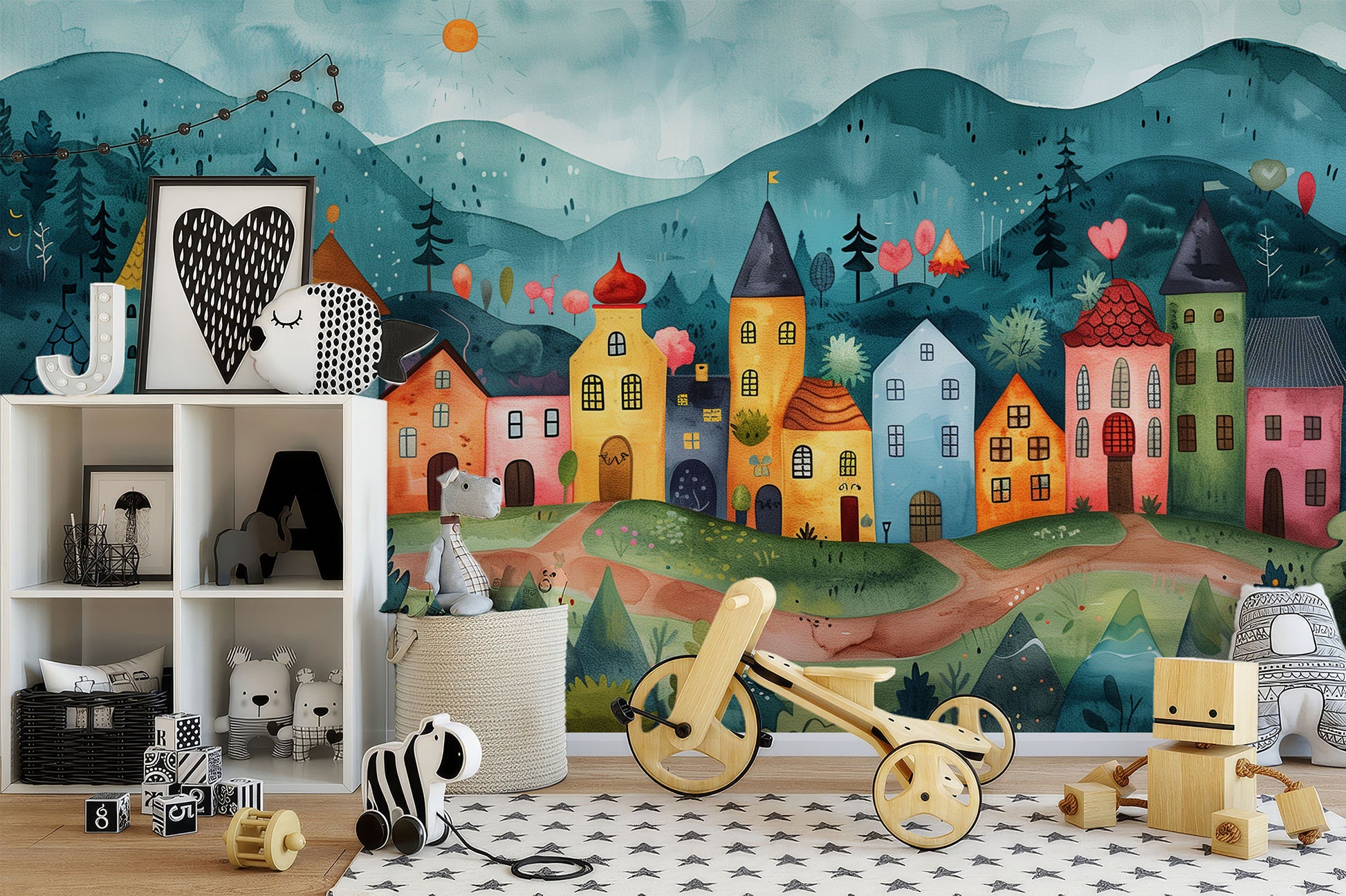 Charming Cartoon Town D Wallpaper – lifestyle view, Golden Era Walls