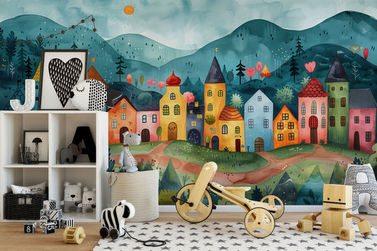 Charming Cartoon Town D Wallpaper – lifestyle view, Golden Era Walls