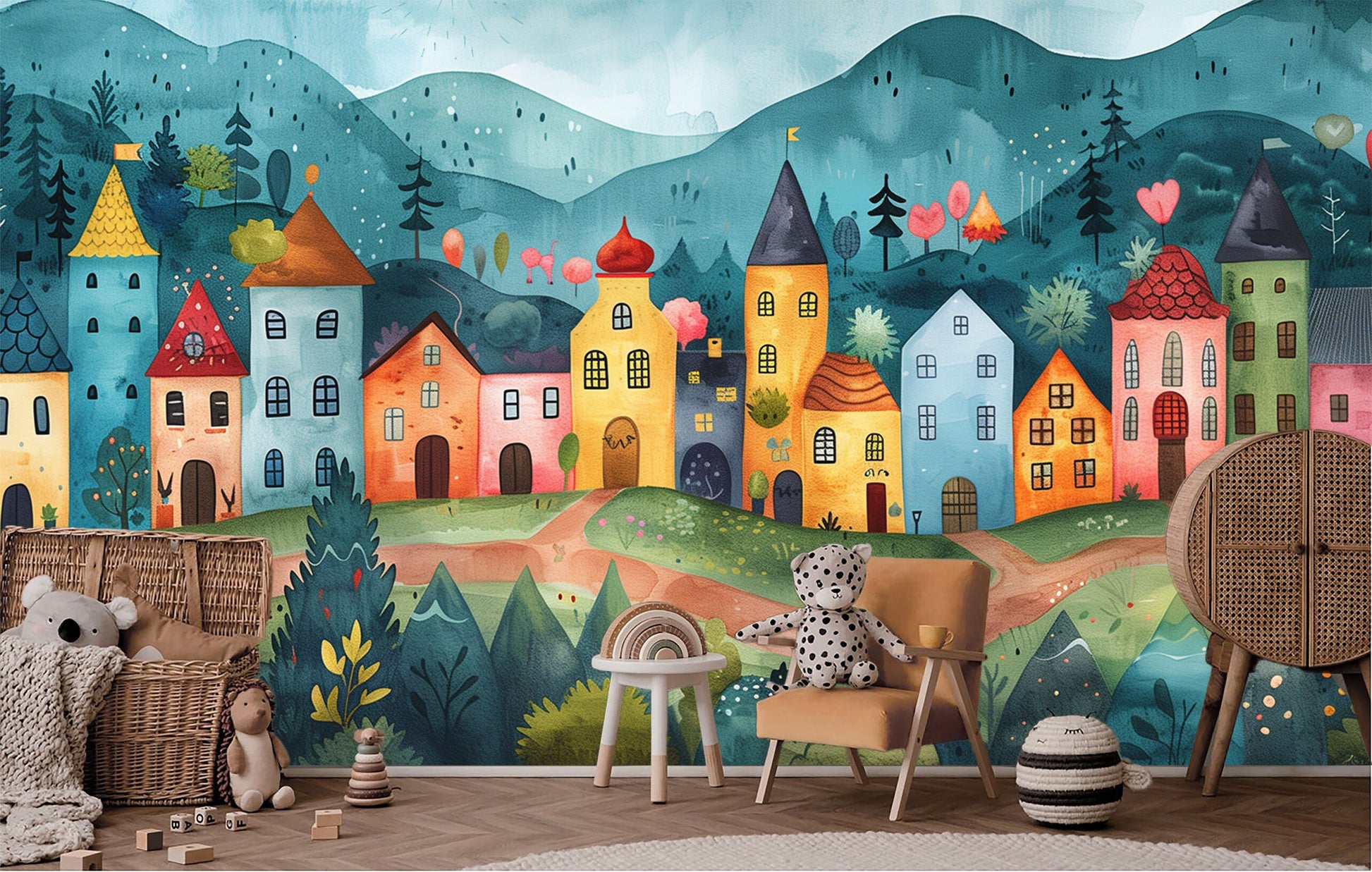 Charming Cartoon Town D Wallpaper – detail view, Golden Era Walls