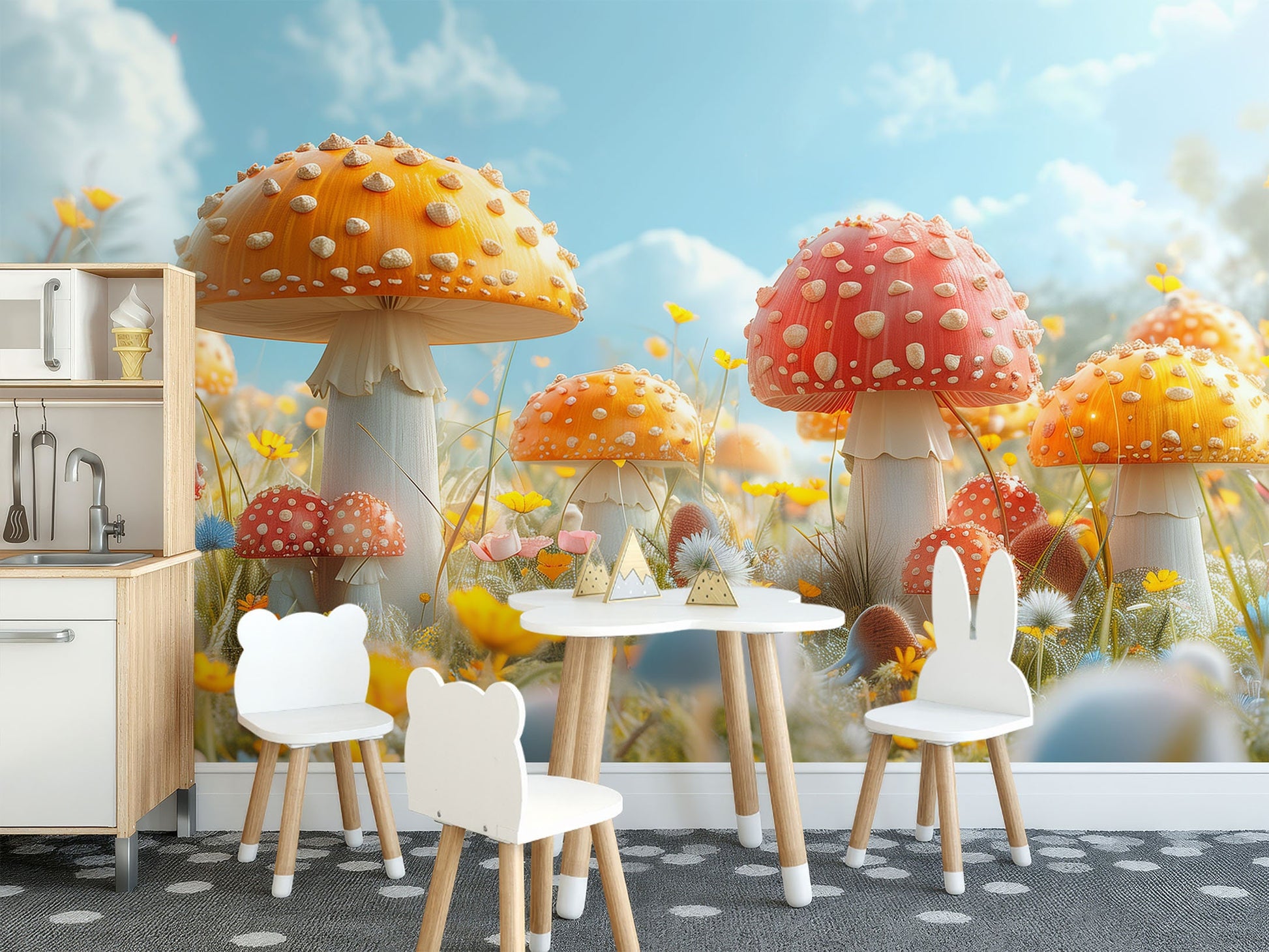 Sunny Mushroom Field Vibrant Floral Wallpaper – room setting, Golden Era Walls