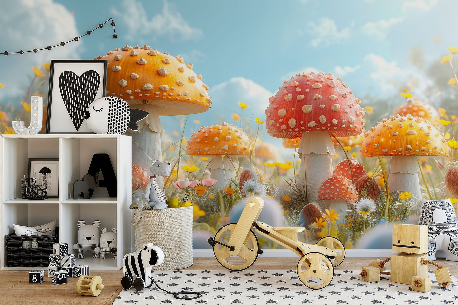 Sunny Mushroom Field Vibrant Floral Wallpaper – detail view, Golden Era Walls
