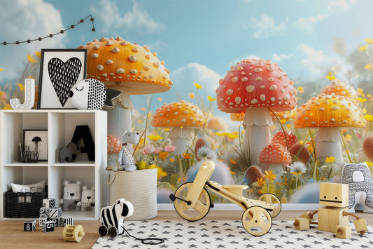 Sunny Mushroom Field Vibrant Floral Wallpaper – detail view, Golden Era Walls